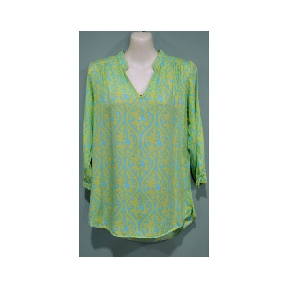 Escapada 3/4 Sleeve Print Hi-Lo Tunic Top, Turquoise and Lime, Sz S